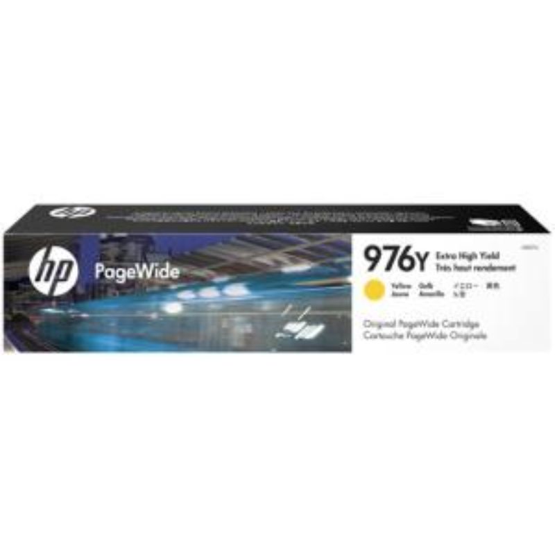 HP 976Y Yellow Ink Cartridge, high yield for PageWide printers, prints up to 13,000 pages with vibrant colors.