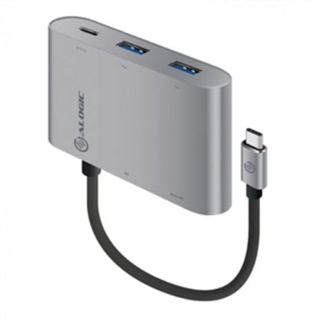 Alogic USB-C multiport hub in Space Gray with USB-A, SD, Micro SD, and PD ports for seamless connectivity.