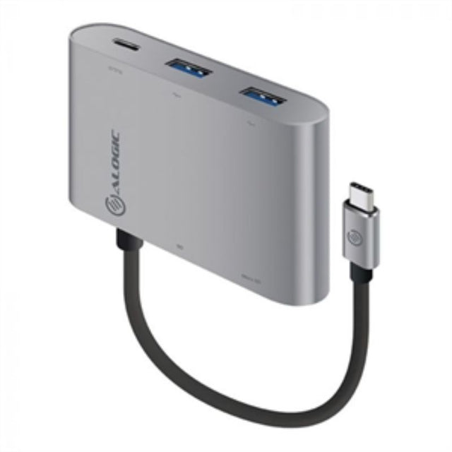 Alogic USB-C multiport hub in Space Gray with USB-A, SD, Micro SD, and PD ports for seamless connectivity.