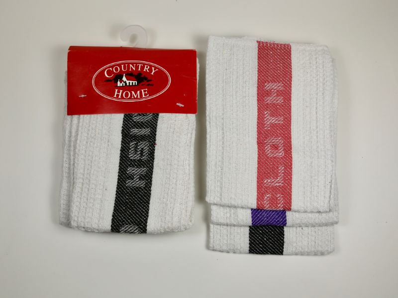 Set of 3 jacquard dish cloths in black, blue, and red; absorbent, machine washable, elegant kitchen essential.