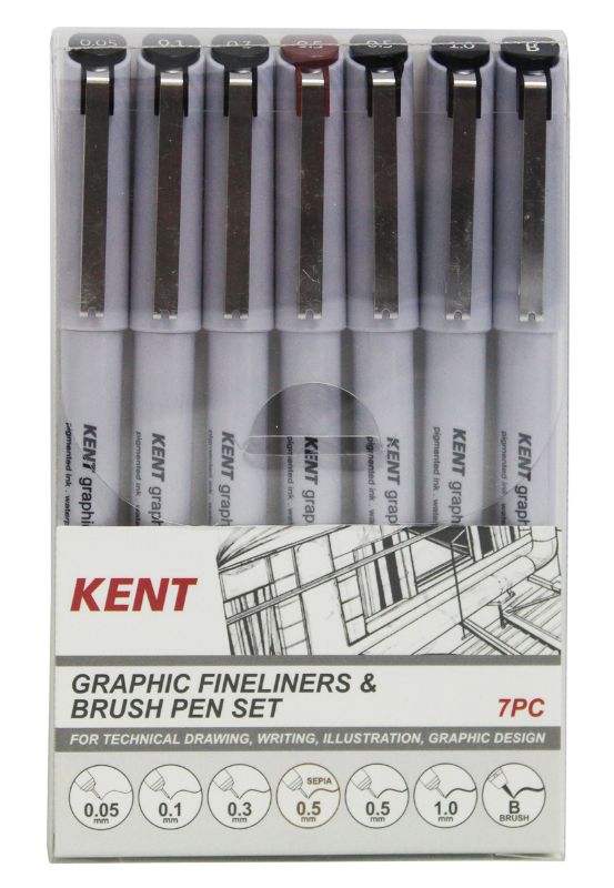Kent Graphic Pens Graphic Fineliner & Brush Pen Set (7PCS)