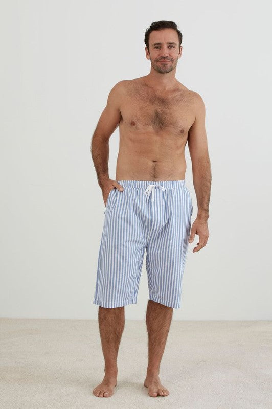 Blue and white striped Large Harry Shorts from BAKSANA with elasticated waistband and side pockets, made from 100% cotton.