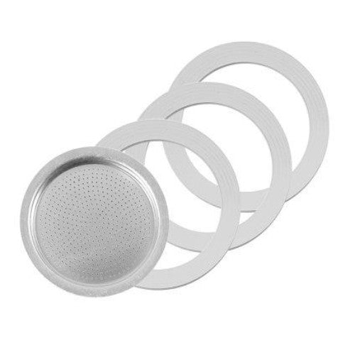 Pezzetti 3 Cup Gasket & Filter kit with 1 metallic filter and 3 rubber gaskets for moka pots, ensuring optimal coffee brewing.