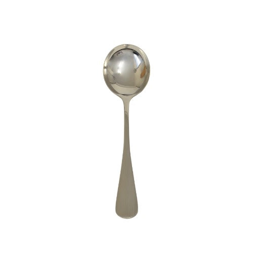 Set of 6 Rockingham Sheffield stainless steel soup spoons with polished finish and curved handles for comfortable grip.