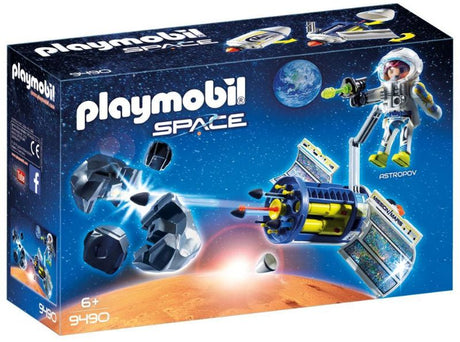 Playmobil Satellite Meteoroid Laser playset with astronaut, satellite, and break-apart asteroid for cosmic adventures.