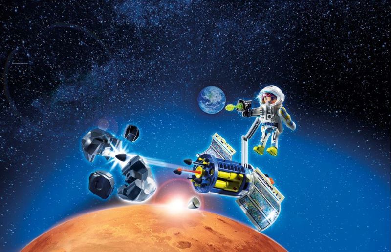 Playmobil Satellite Meteoroid Laser playset with astronaut, satellite, and break-apart asteroid for cosmic adventures.