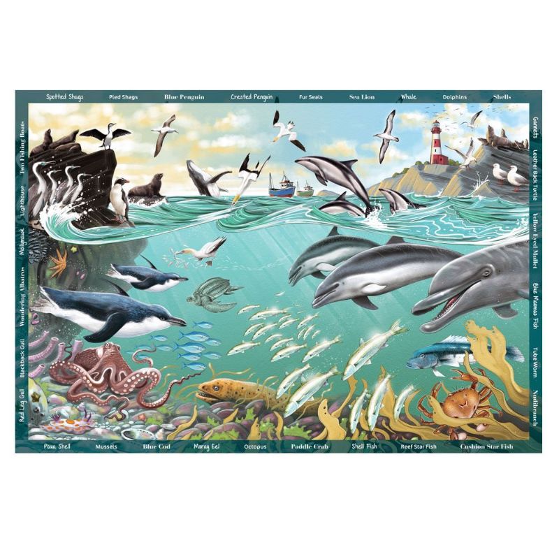 300-piece jigsaw puzzle featuring vibrant ocean scenes and marine life, offering a 'Seek & Find' scavenger hunt experience.