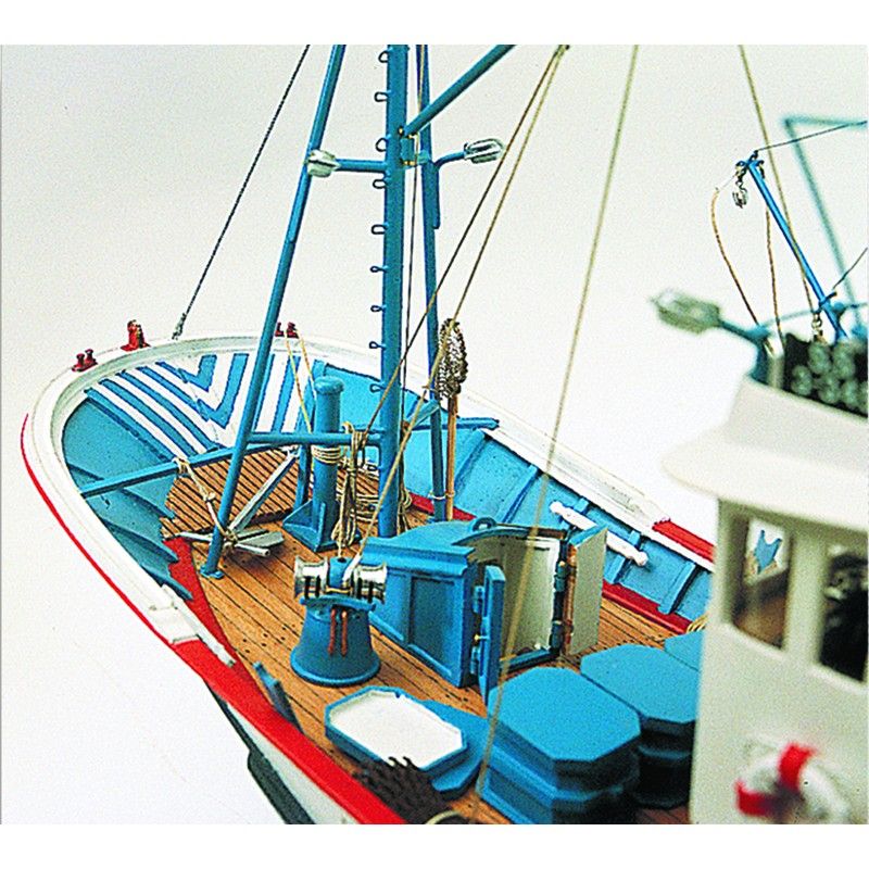 1/50 scale Marina II Tuna wooden ship kit features laser-cut wood parts and brass fittings for authentic model building.