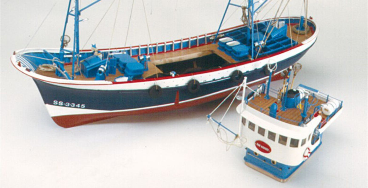 1/50 scale Marina II Tuna Wooden Ship Kit featuring laser-cut wood parts, brass fittings, and detailed assembly guide.