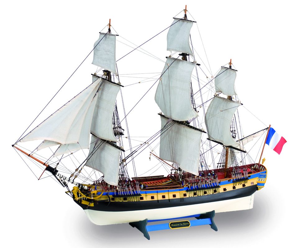 Detailed wooden ship kit of Hermione La Fayette, featuring brass fittings and pre-sewn sails, perfect for model building enthusiasts.
