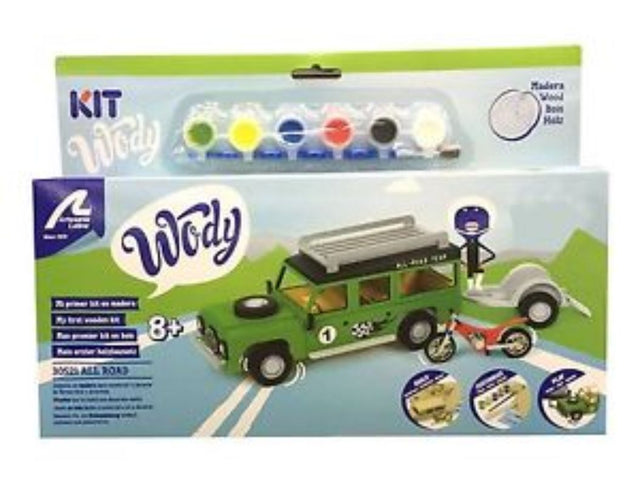 Detailed plastic kitset featuring an off-road vehicle, trailer, and motorbike for adventurous modeling fun.
