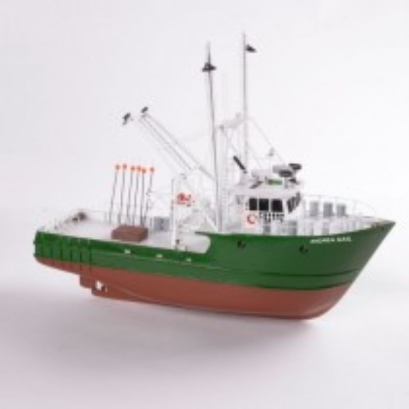 1:30 scale model ship kit of the Andrea Gail, featuring high-quality laser-cut wood and detailed assembly plans.