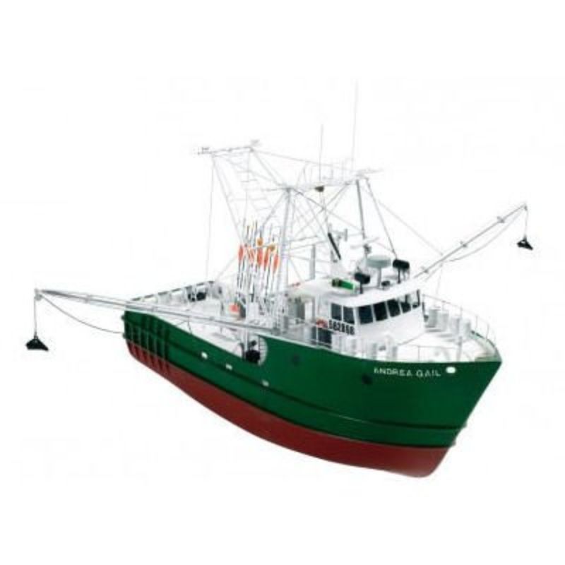 1:30 scale Wooden Ship Kit of the Andrea Gail, featuring laser-cut wooden hull and detailed assembly plans.