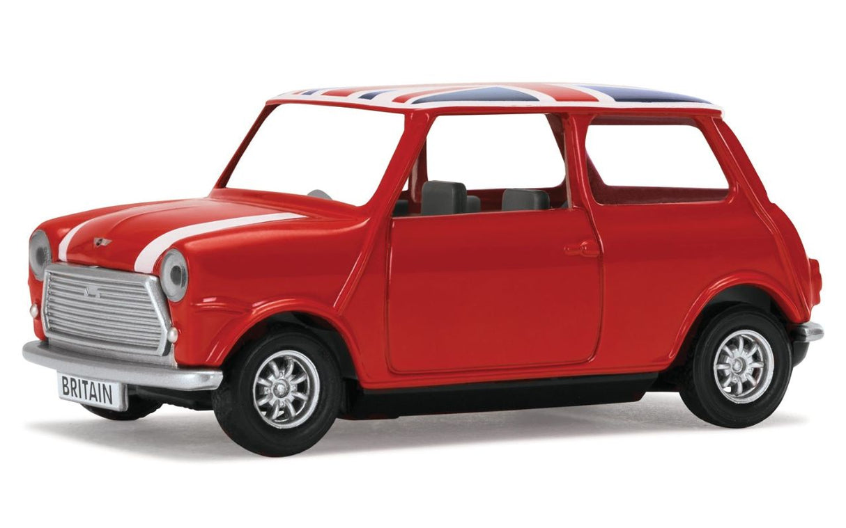 Diecast model of a red Mini, showcasing British automotive heritage and craftsmanship from Corgi's Best of British collection.