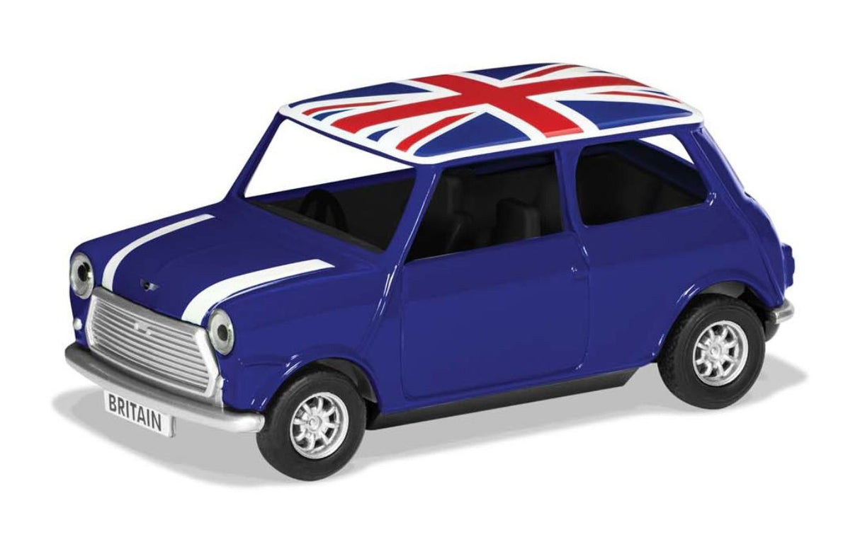 Blue diecast Corgi Mini model, 1/36 scale, detailed collectible from the Best of British collection.