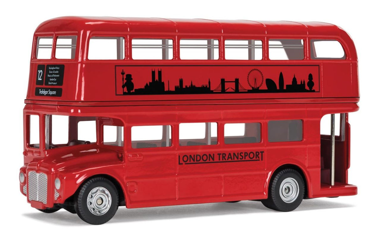 Diecast model of the iconic British Routemaster bus, featuring authentic paintwork and intricate details.