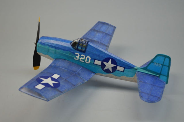 18-inch balsa glider model of the WWII F6F Hellcat with detailed decals and precision parts for easy assembly and flight.
