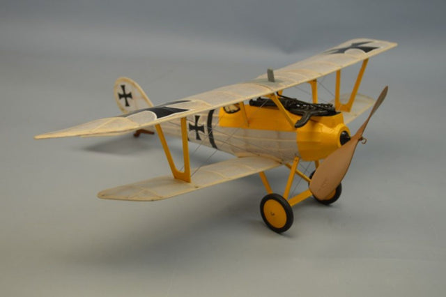 18-inch balsa glider replica of WWI Pfalz D3 with vibrant decals, lightweight design, and precision laser-cut parts.