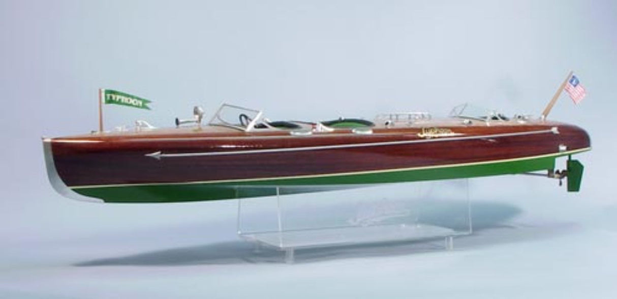 1/10th scale Wooden Ship Kit of the Typhoon Runabout, featuring double-planked hull, chrome deck fittings, and intricate details.