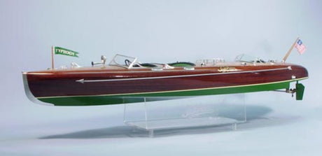 1/10th scale Wooden Ship Kit of the Typhoon Runabout, featuring double-planked hull, chrome deck fittings, and intricate details.