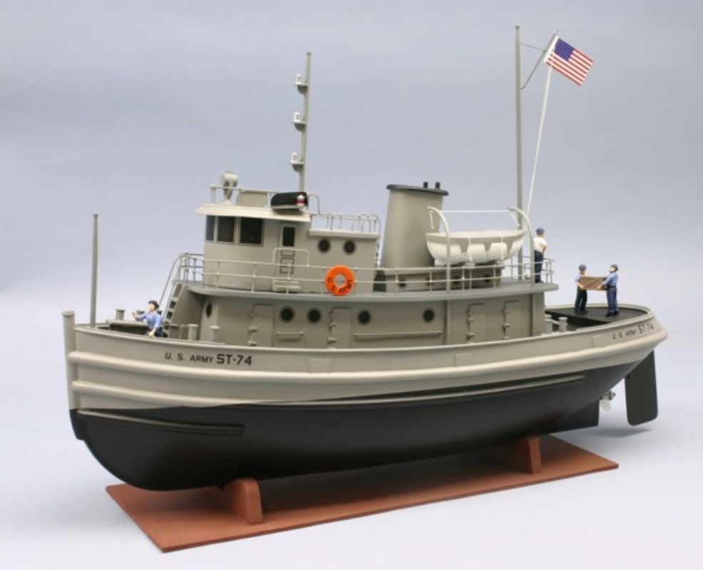 18-inch wooden model kit of the US Army Tug ST-74, ideal for hobbyists and maritime history enthusiasts.