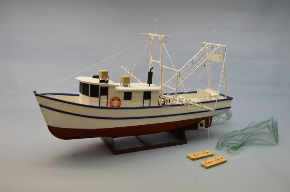 36-inch wooden model ship kit of Rusty the Shrimp Boat, perfect for hobbyists and home decor enthusiasts.