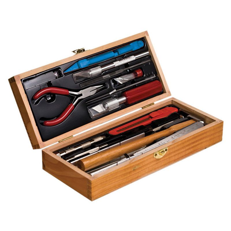 Deluxe tools set in a stylish wooden box, featuring high-quality tools for DIY and professional use.