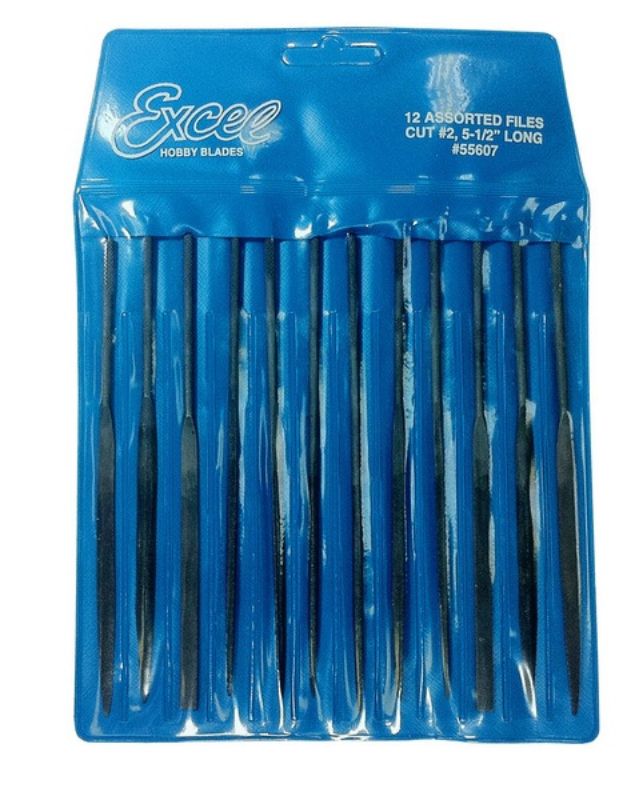 Set of 12 Excel needle files in a portable pouch, perfect for precise crafting on wood, metal, and plastic.