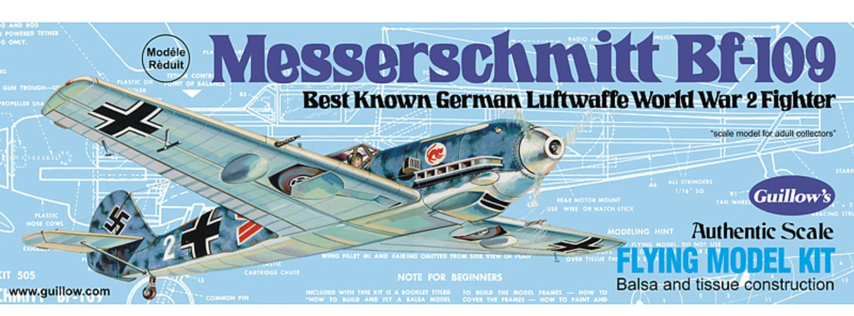 Balsa wood model kit of the Messerschmitt Bf-109 glider, 16-inch wingspan, ideal for builders and aviation enthusiasts.