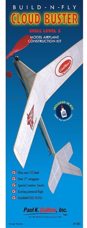 Balsa glider kit featuring Cloud Buster design, includes balsa wood parts and white glue for smooth flight and educational fun.