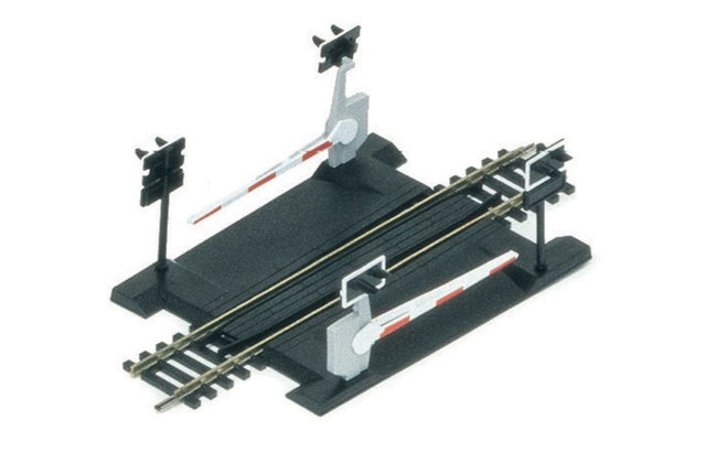 Hornby Level Crossing Single Track with gates and lifting booms for realistic model railway setup, 168mm length.