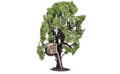 Detailed model tree with treehouse, perfect for enhancing dioramas and model railway layouts with charm and realism.