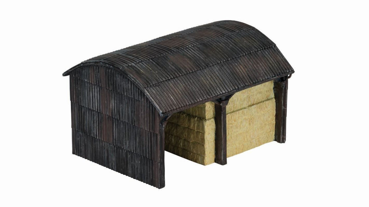 Hornby Dutch Barn model train accessory, intricately detailed for realistic countryside scenes on railway layouts.