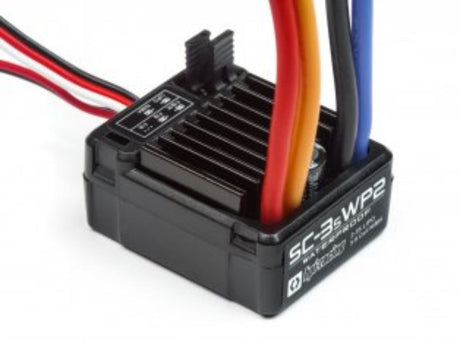 Waterproof SC-3SWP2 Electronic Speed Control for 1/10th scale RC vehicles; supports 2-3S LiPo and 5-9 cell batteries.