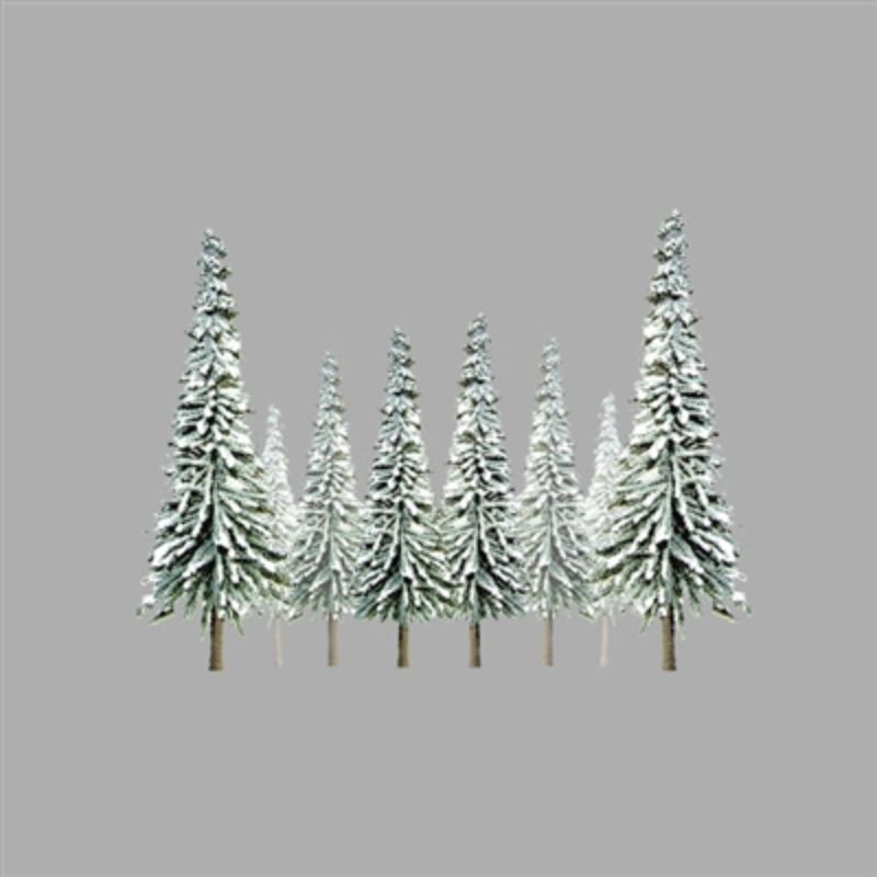 Detailed snow spruce model trees for realistic winter landscapes, measuring 50-100mm, perfect for dioramas and model railways.