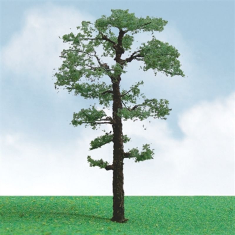 Two detailed Scots Pine model trees, each 85-100mm tall, perfect for enhancing model railways and dioramas.