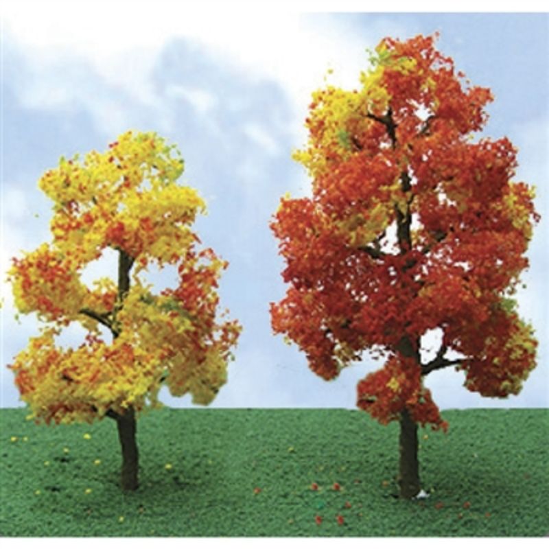 Two detailed 85-100mm autumn deciduous trees showcasing vibrant fall colors for model railroads and dioramas.