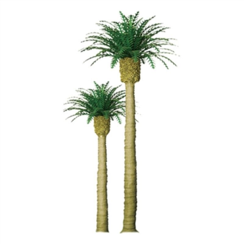 Two 100mm Phoenix Palm trees with vibrant green fronds, perfect for dioramas and model landscapes.