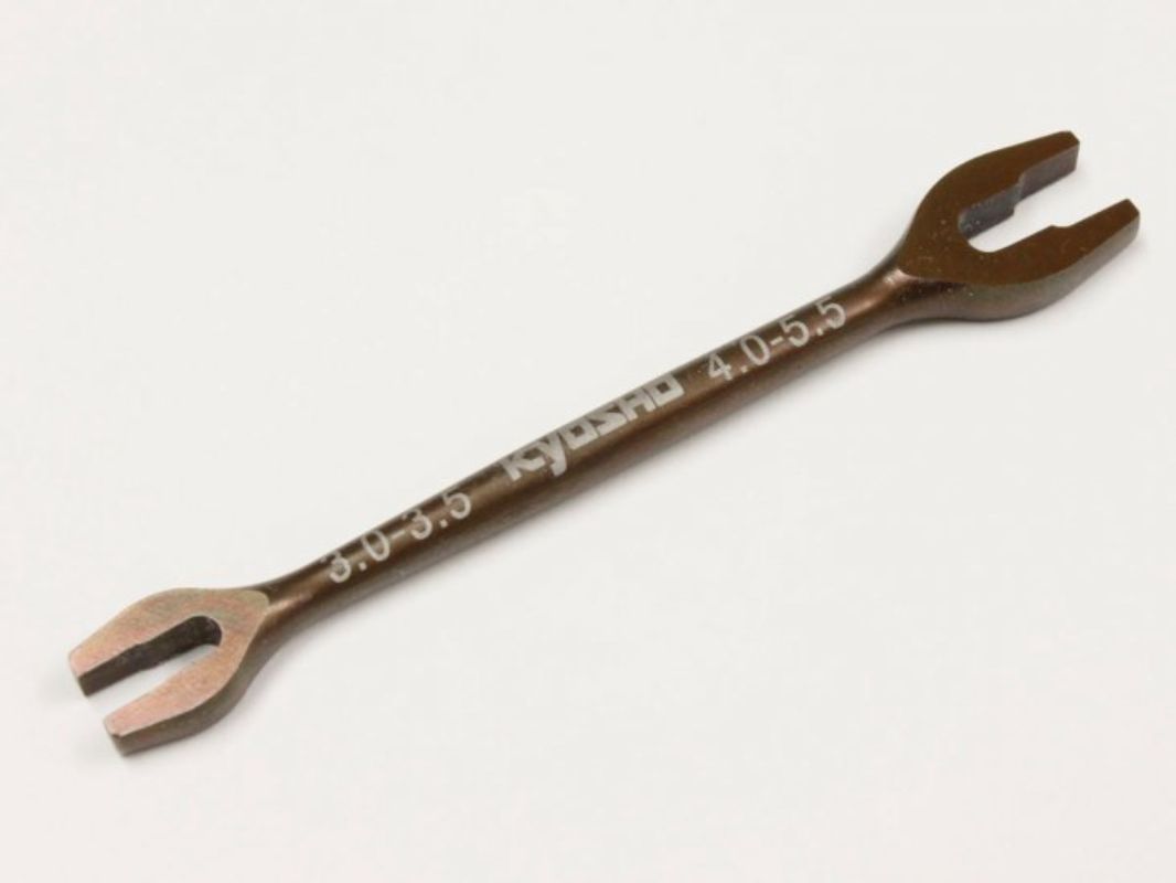 Precision T/buckle Wrench for RC vehicles, sizes 3.0-3.5mm and 4.0-5.5mm, ideal for suspension and camber adjustments.