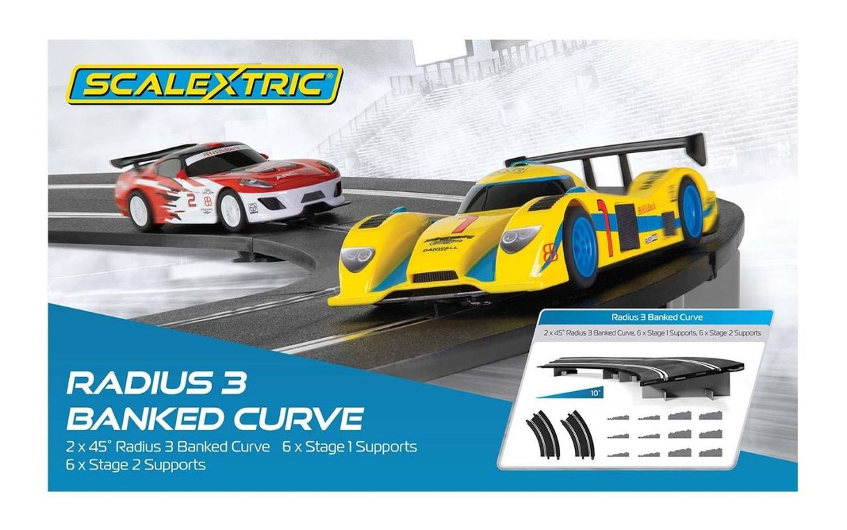 Scalextric R3 Banked Curve 45deg accessory with two banked curves and support for exciting slot car racing setups.