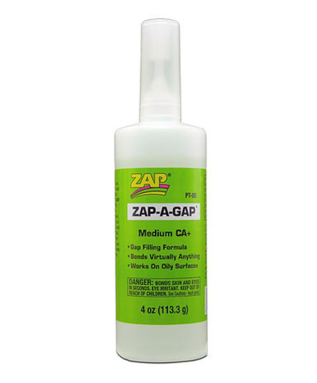 4oz ZAP Medium Thickness Superglue, ideal for strong bonds on metal, wood, rubber, and ceramics, with precise application.