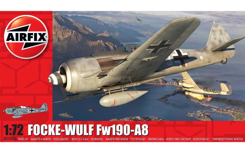1:72 scale Airfix model kit of Focke Wulf Fw190A-8, detailing this iconic WWII fighter with 53 parts for assembly.