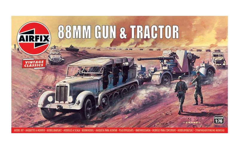 1:76 scale model kit of WWII's iconic '88' anti-tank gun with tractor and 4 crew figures for authentic battlefield scenes.