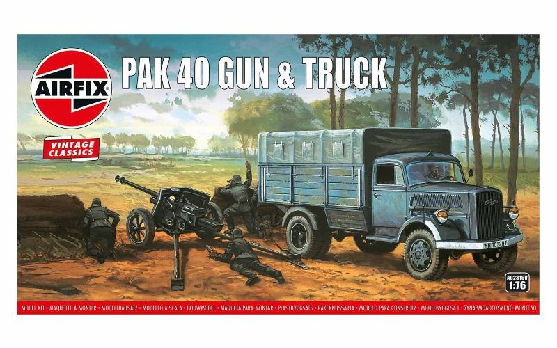 Airfix kit model of a PAK 40 anti-tank gun and truck, representing a German unit from WWII, 1:76 scale, 65 parts.