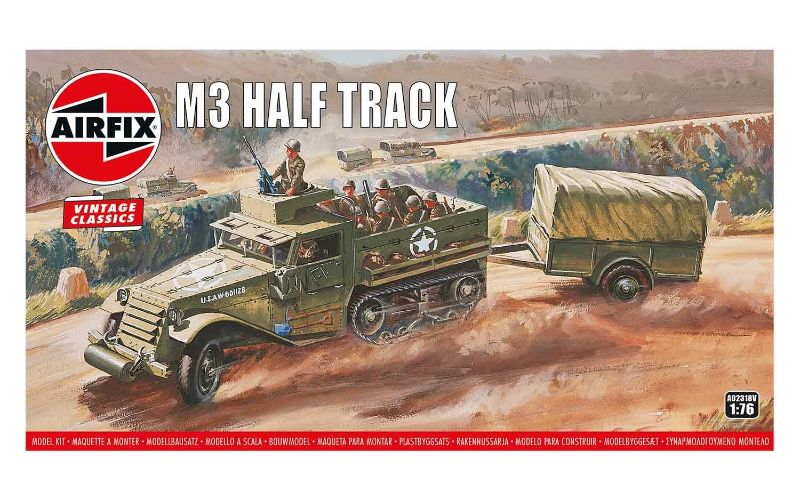 Detailed 1:76 scale model of the M3 Half Track & 1 Ton Trailer, featuring 54 parts and M49 machine gun mount.