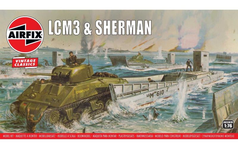 Airfix model kit featuring a WWII LCM3 landing craft and Sherman M4A2 tank, detailed at 1:76 scale for ages 8+.