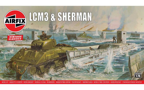 Airfix model kit featuring a WWII LCM3 landing craft and Sherman M4A2 tank, detailed at 1:76 scale for ages 8+.