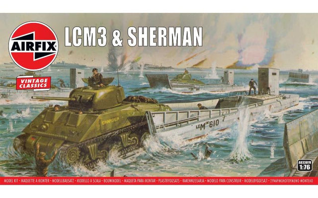 Airfix model kit featuring a WWII LCM3 landing craft and Sherman M4A2 tank, detailed at 1:76 scale for ages 8+.