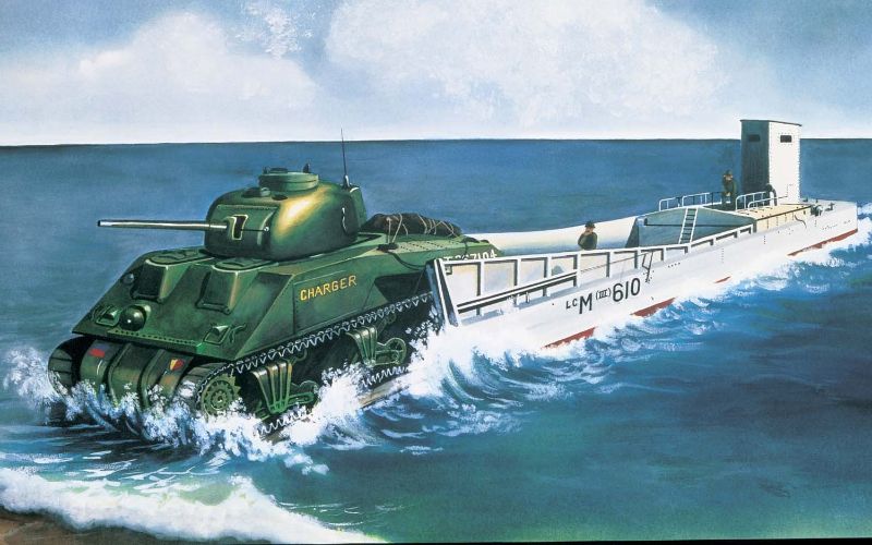 Airfix model displaying WWII LCM3 landing craft and Sherman M4A2 tank in 1:76 scale, suitable for ages 8 and up.