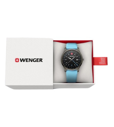 Men's Watch - WENGER CITY GMT 42mm Black Dial & Blue Silicon Strap